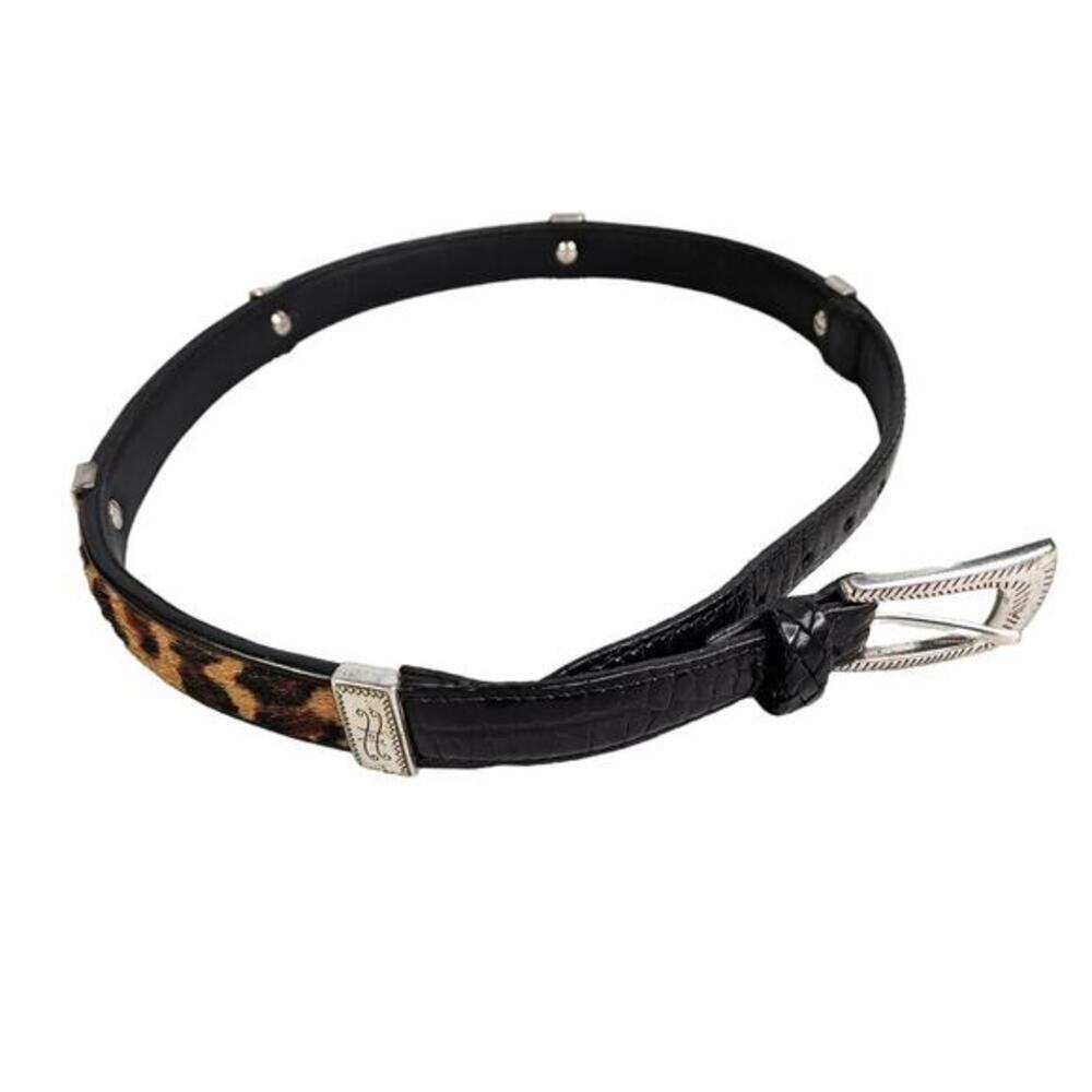 Brighton Black Leather Calf Hair Animal Print Silver Link Waist Belt S Size 28